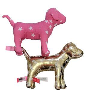 Victorias Secret Pink and Gold Dog Plush Toy Set Of 2 Pink Star & Gold Logo